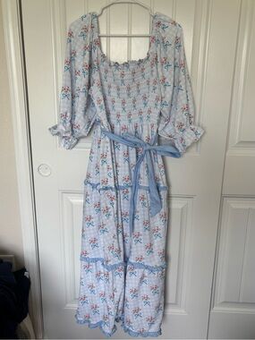 Light Blue Floral Smocked Maxi Dress with Waist Tie
